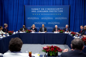 President Barack Obama participates in a Summit on Cybersecurity and Consumer Protection with business leaders at Stanford University in Stanford, Calif., Feb. 13, 2015. (Official White House Photo by Pete Souza) This official White House photograph is being made available only for publication by news organizations and/or for personal use printing by the subject(s) of the photograph. The photograph may not be manipulated in any way and may not be used in commercial or political materials, advertisements, emails, products, promotions that in any way suggests approval or endorsement of the President, the First Family, or the White House.
